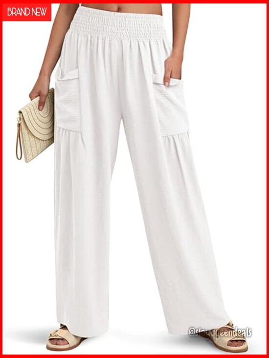 Pants - Wide Leg Palazzo Pants High Waisted Flowy Summer Beach Pants with Pockets